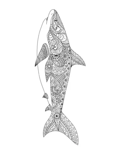 Stylized dolphin with intricate mandala patterns on one side, facing upwards coloring page.
