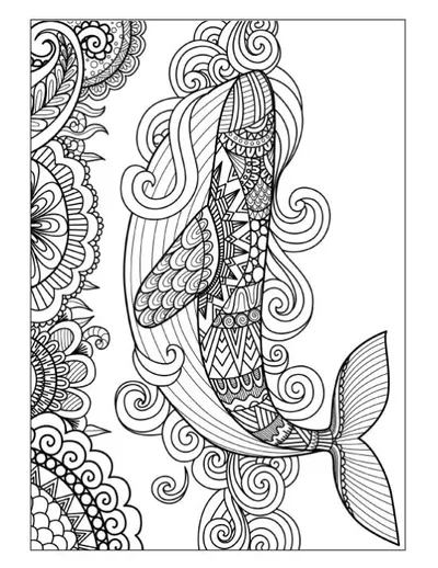 An intricate patterned whale swims among swirls and a floral border coloring page.