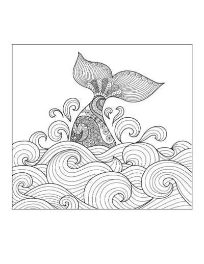 Zentangle whale tail with intricate patterns splashing in swirling waves coloring page.