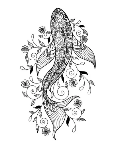 Ornate patterned koi fish with floral swirls and leaves adult coloring page.