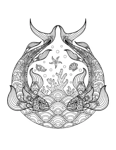 Two ornate fish frame a sea coral and starfish scene, coloring page.