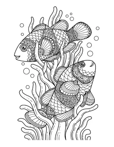 Two detailed fish with intricate patterns swim among seaweed on this coloring page.