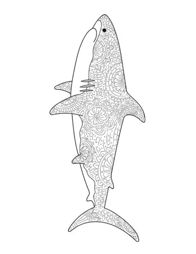 Detailed shark with intricate mandala patterns covering its body, coloring page.