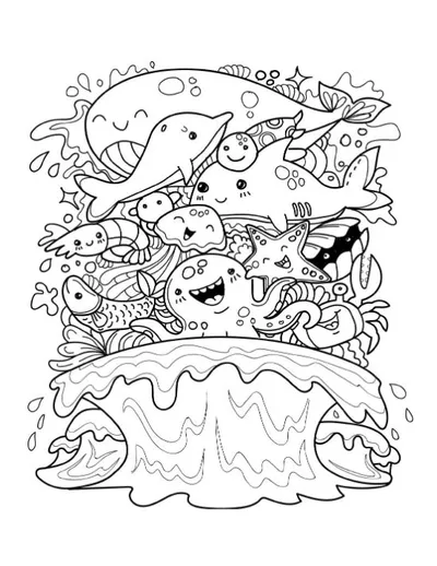 Smiling sea creatures on a big wave, doodle inspired, bold and easy.