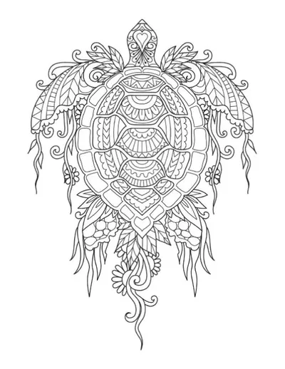 Intricate sea turtle with ornate shell and flowing patterns coloring page.