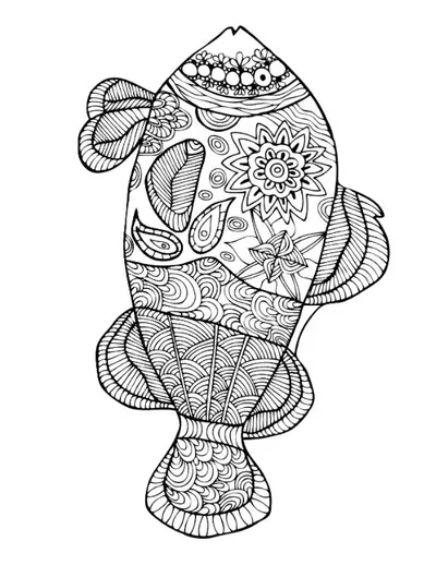 A swimming tropical fish with a decorated body of floral patterns and swirls, coloring page.
