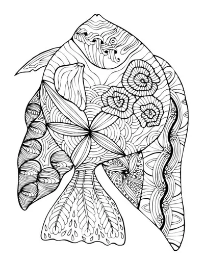 Ornate abstract fish with intricate geometric patterns and floral designs coloring page.