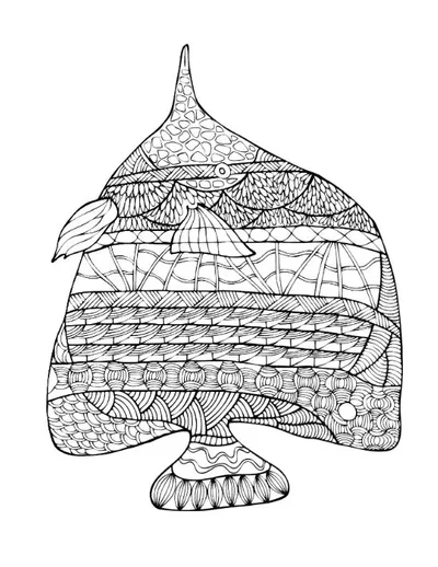 Abstract spade shape with varied patterns and textures coloring page.