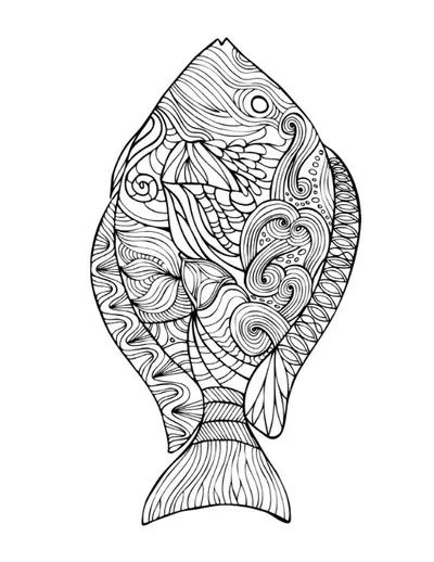 Intricate stylized fish with swirling patterns and scales, perfect for coloring page.