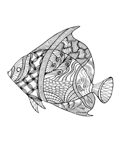 Intricate fish with various patterns on its body and fins, coloring page.