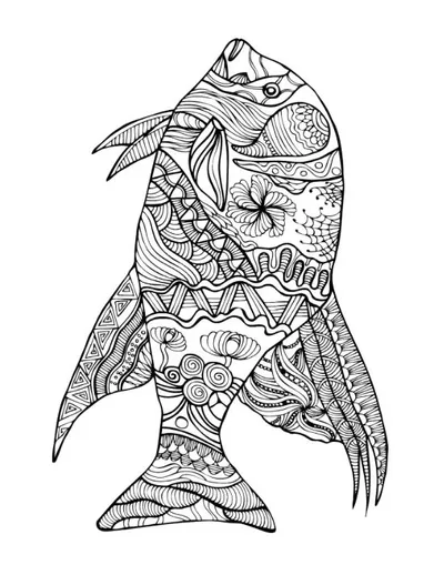 An intricate fish covered in flowing designs and patterns coloring page.