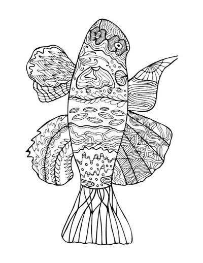 Stylized fish with intricate patterns and textured fins coloring page.