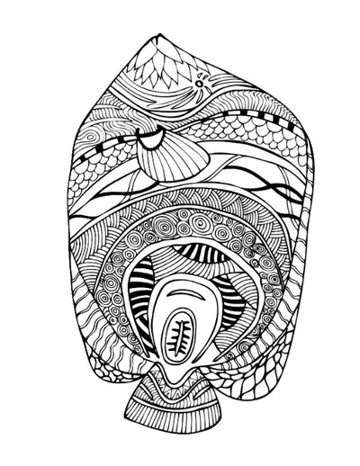 Abstract organic shape filled with intricate patterns, circles, and wavy lines coloring page.