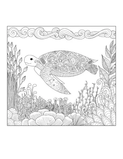 A patterned sea turtle swimming among intricate plants and wavy water, coloring page.