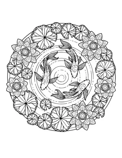 Three swimming koi fish among water lilies and lotus flowers coloring page.