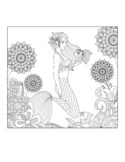 Mermaid with flowing hair and fish in an ocean filled with mandalas coloring page