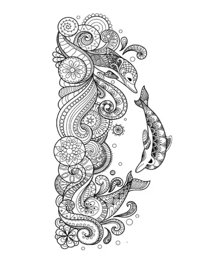 Two patterned dolphins in detailed swirling waves adult coloring page.
