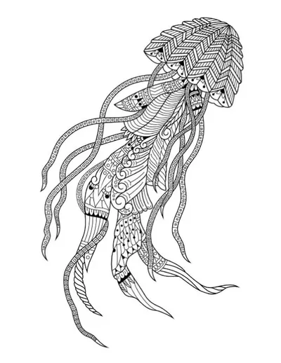 Detailed jellyfish with intricate patterns on its body and flowing tentacles coloring page.