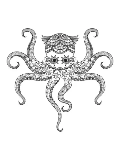 Intricate patterned octopus with geometric designs covers an adult coloring page.