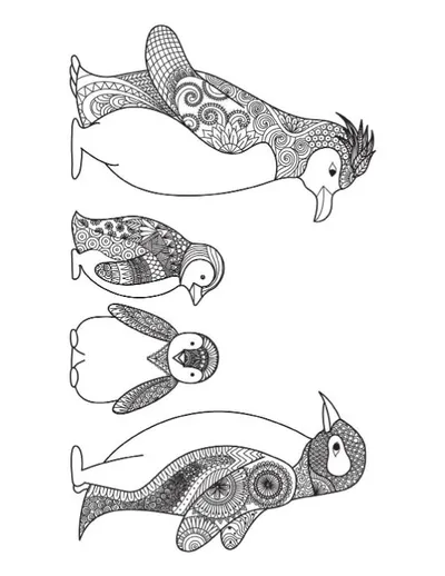 Four zentangle-patterned penguins in various positions make up this detailed coloring page.